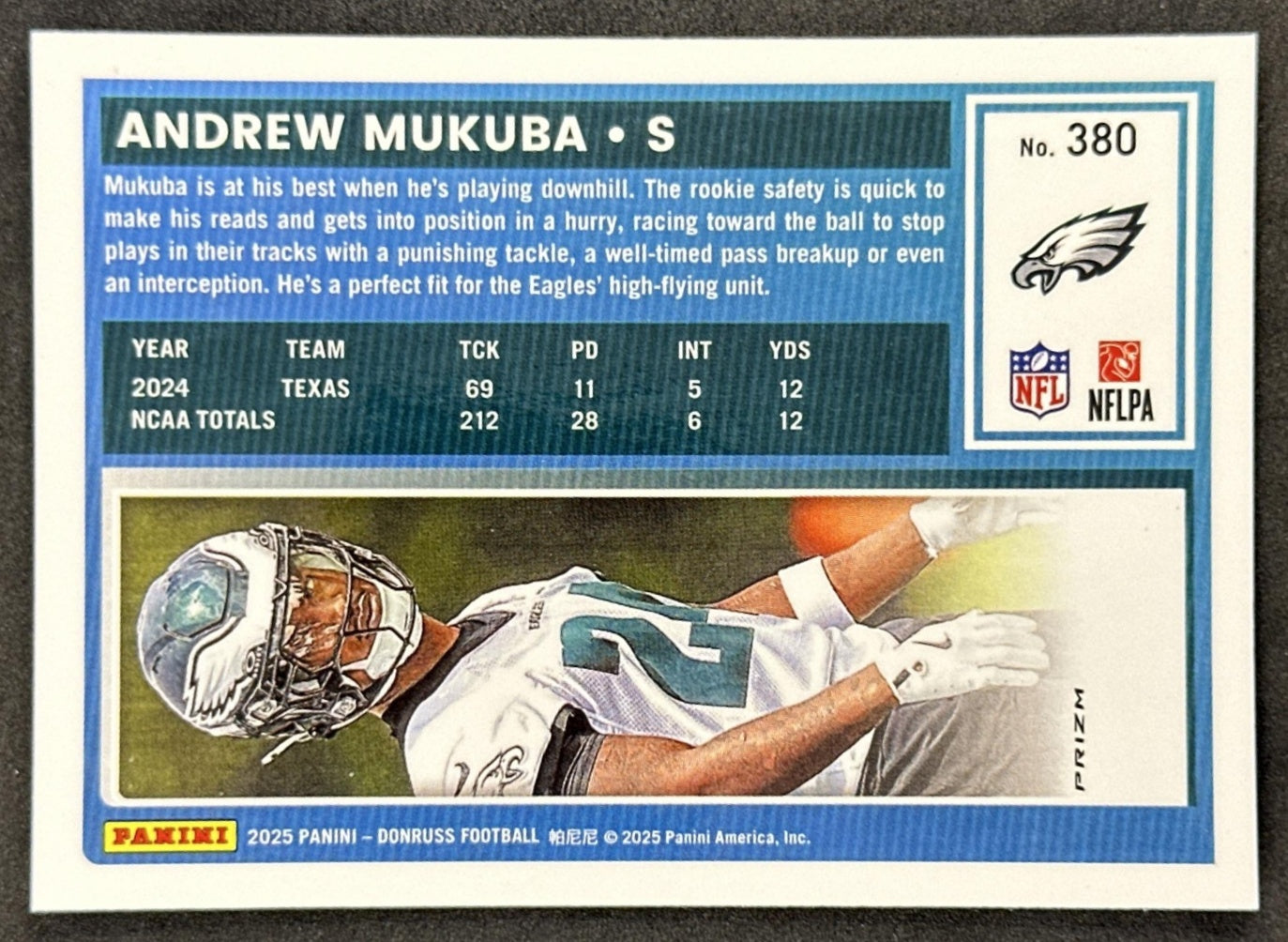 Andrew Mukuba 2025 Panini Donruss Optic Rated Rookie Preview Pink Eagles back