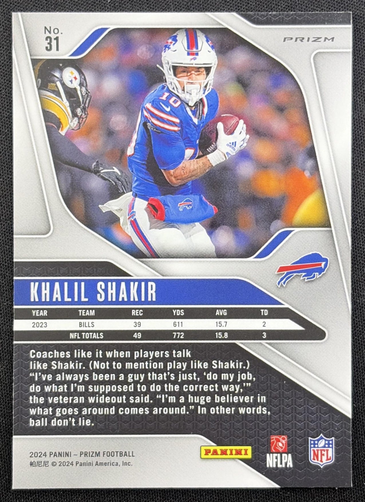 Khalil Shakir 2024 Panini Prizm Green Wave Bills back