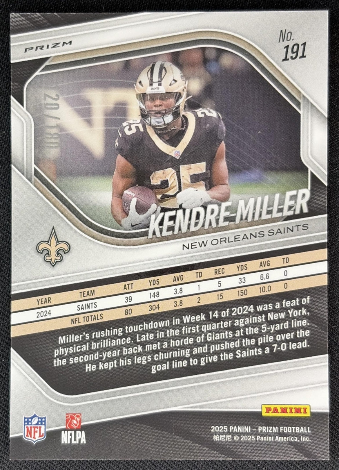 Kendre Miller 2025 Panini Prizm Pigskin /180 Saints back