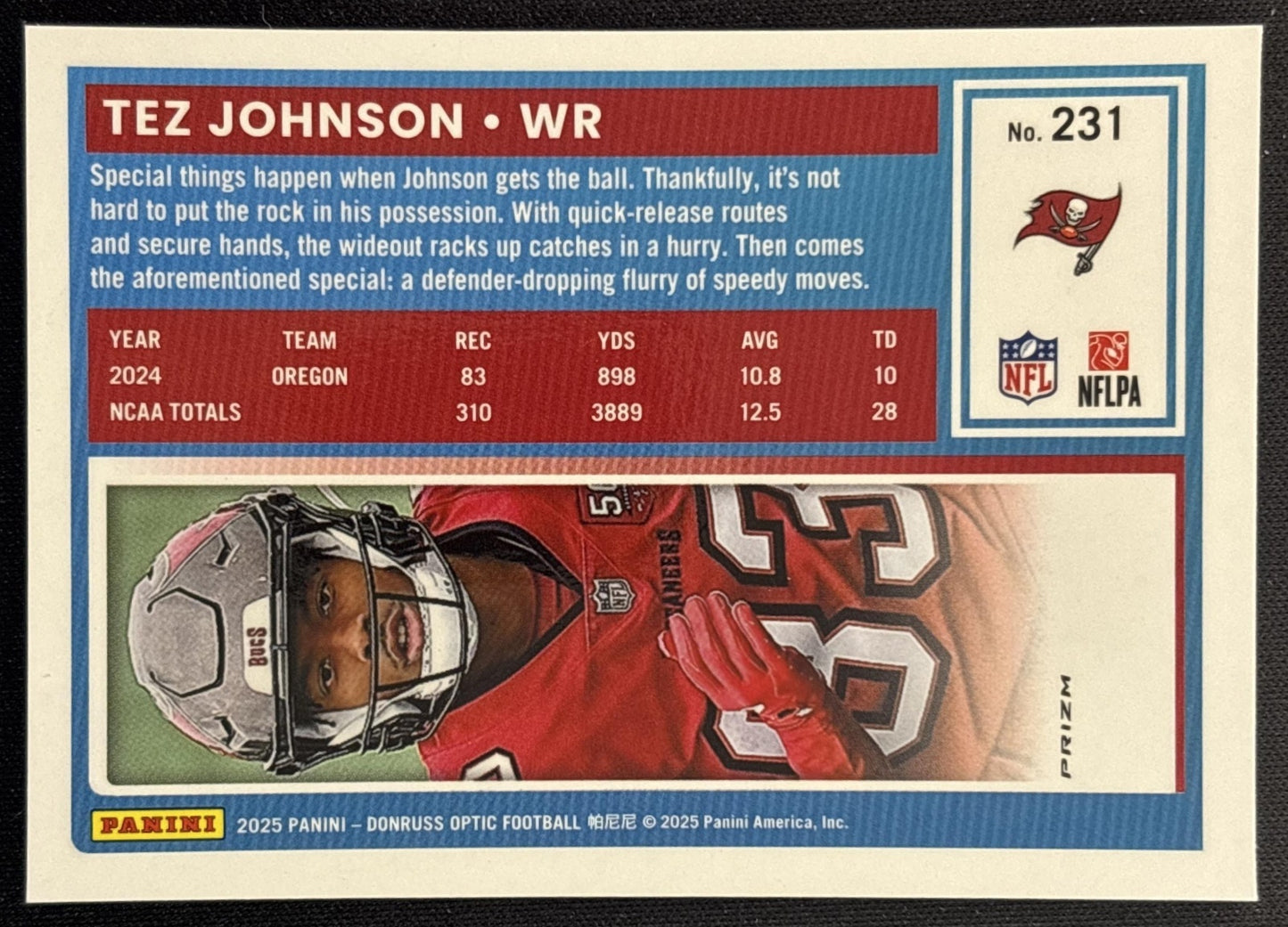 Tez Johnson 2025 Panini Donruss Optic Rated Rookie Fire Prizm Buccaneers back