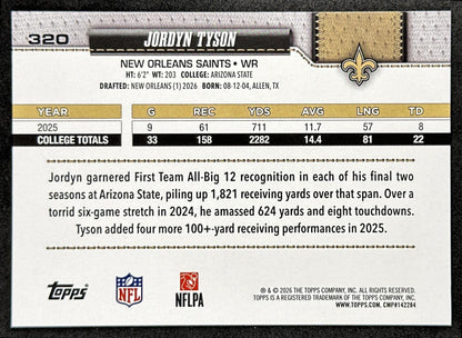 Jordyn Tyson 2026 Topps Flagship Rookie Saints Sports Trading Card
