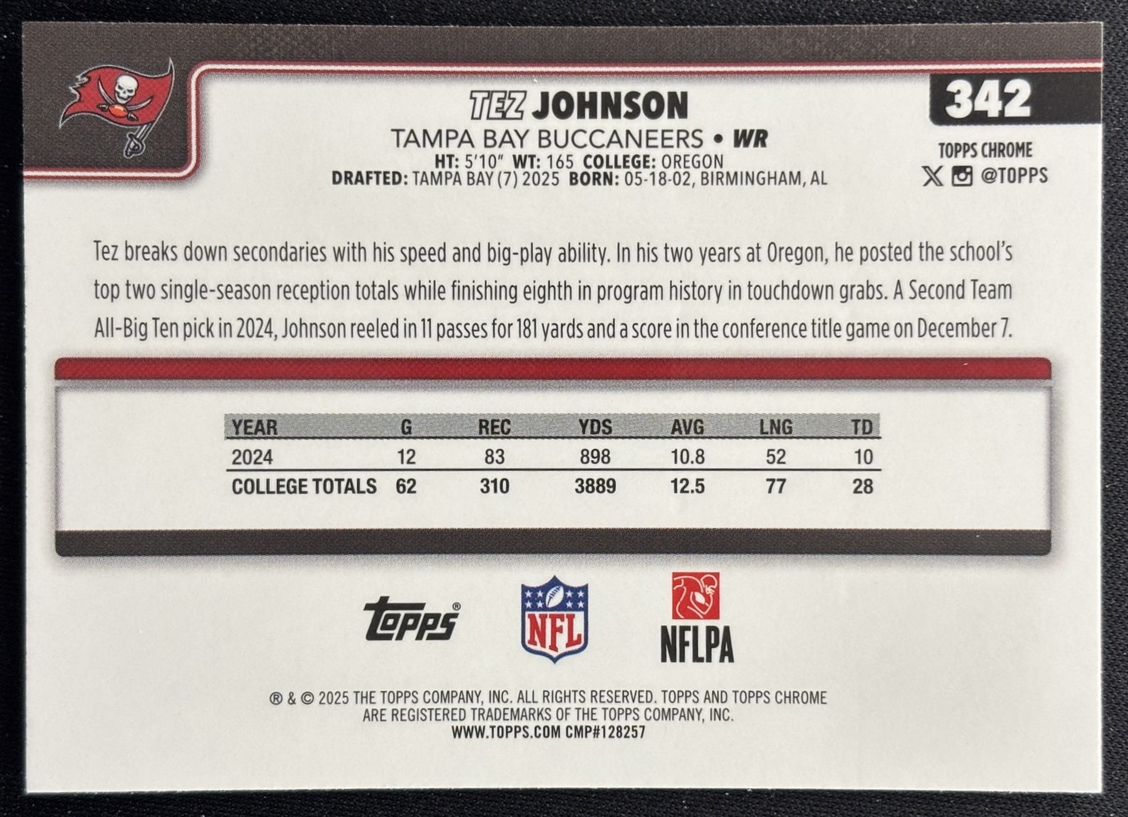 Tez Johnson 2025 Topps Chrome Rookie Pulsar Refractor Buccaneers Sports Trading Cards