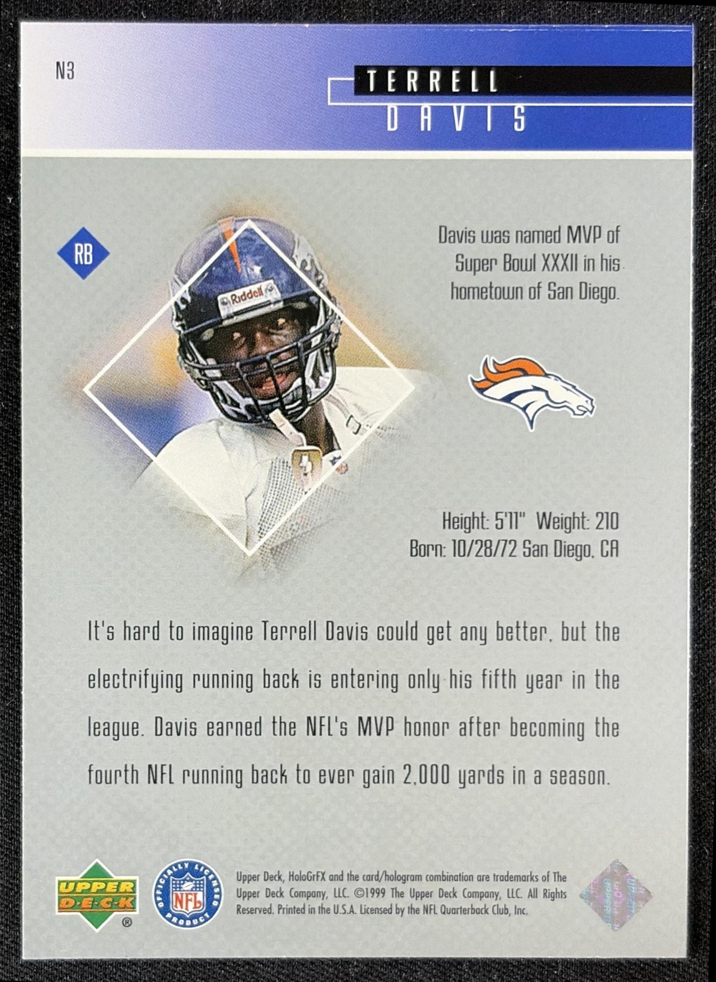 Terrell Davis 1999 Upper Deck HoloGrFX NFL 24/7 Broncos
