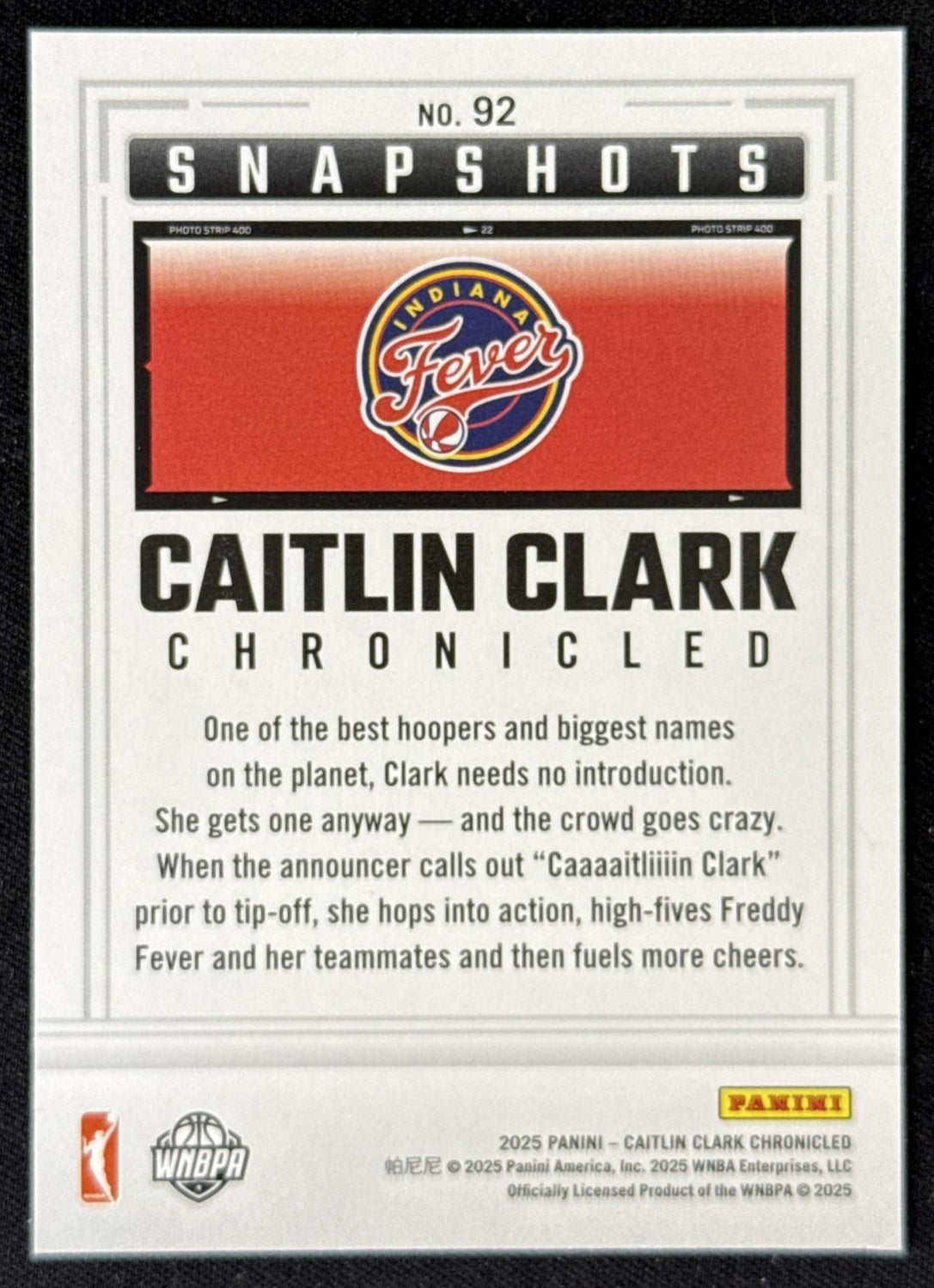 Caitlin Clark 2025 Panini Chronicled Snap Shots Fever 92 Sports Trading Card