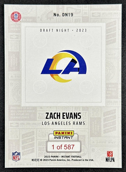 Zack Evans 2023 Panini Instant Draft Rookie /587 Rams back sports trading card