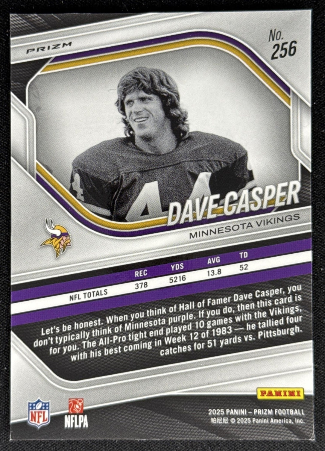 Dave Casper 2025 Panini Prizm Silver Vikings Sports Trading Card