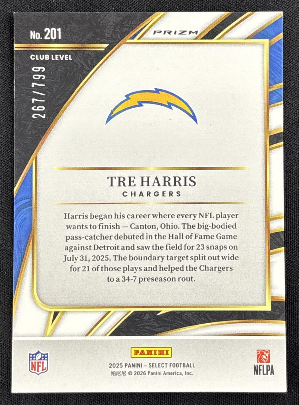 Tre Harris 2025 Panini Select Club Level White Prizm Shock /799 Chargers