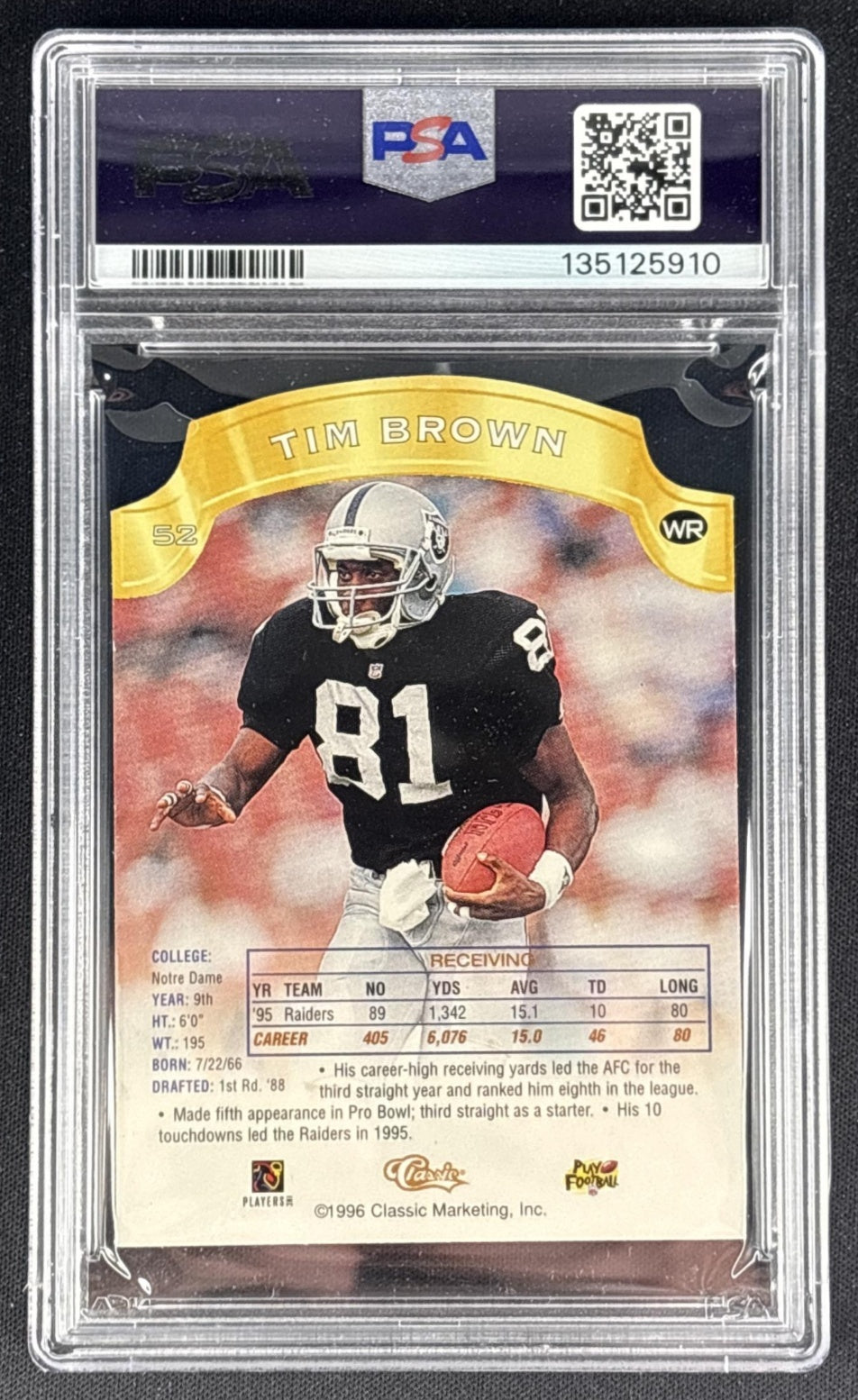 Tim Brown 1996 Classic Pro Line Die Cuts III PSA 9 Raiders Sports Trading Cards