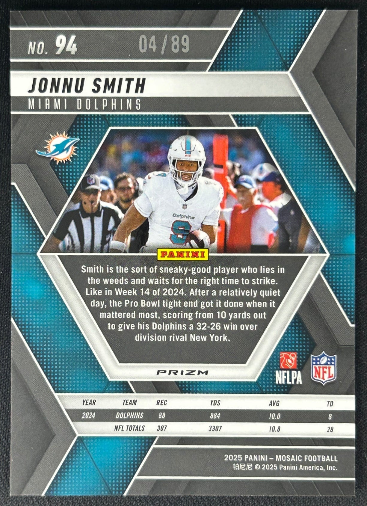 Jonnu Smith 2025 Mosaic Choice Fusion Red & Yellow Prizm /89 Dolphins sports trading card (back)