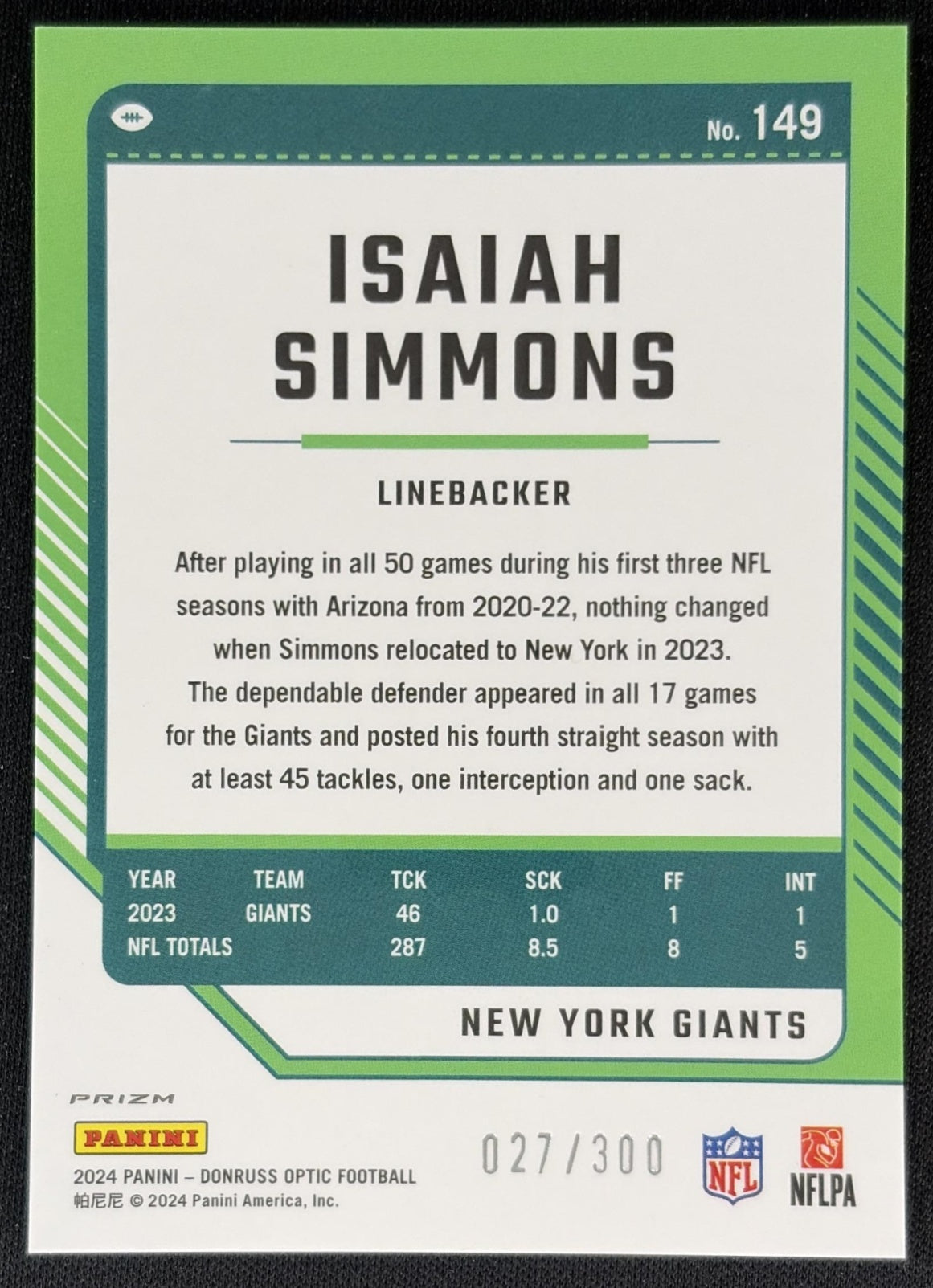 Isaiah Simmons 2024 Panini Donruss Optic Wave /300 Giants Back