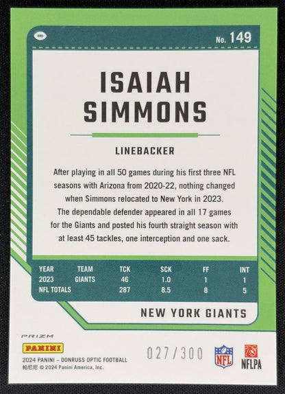 Isaiah Simmons 2024 Panini Donruss Optic Wave /300 Giants Back