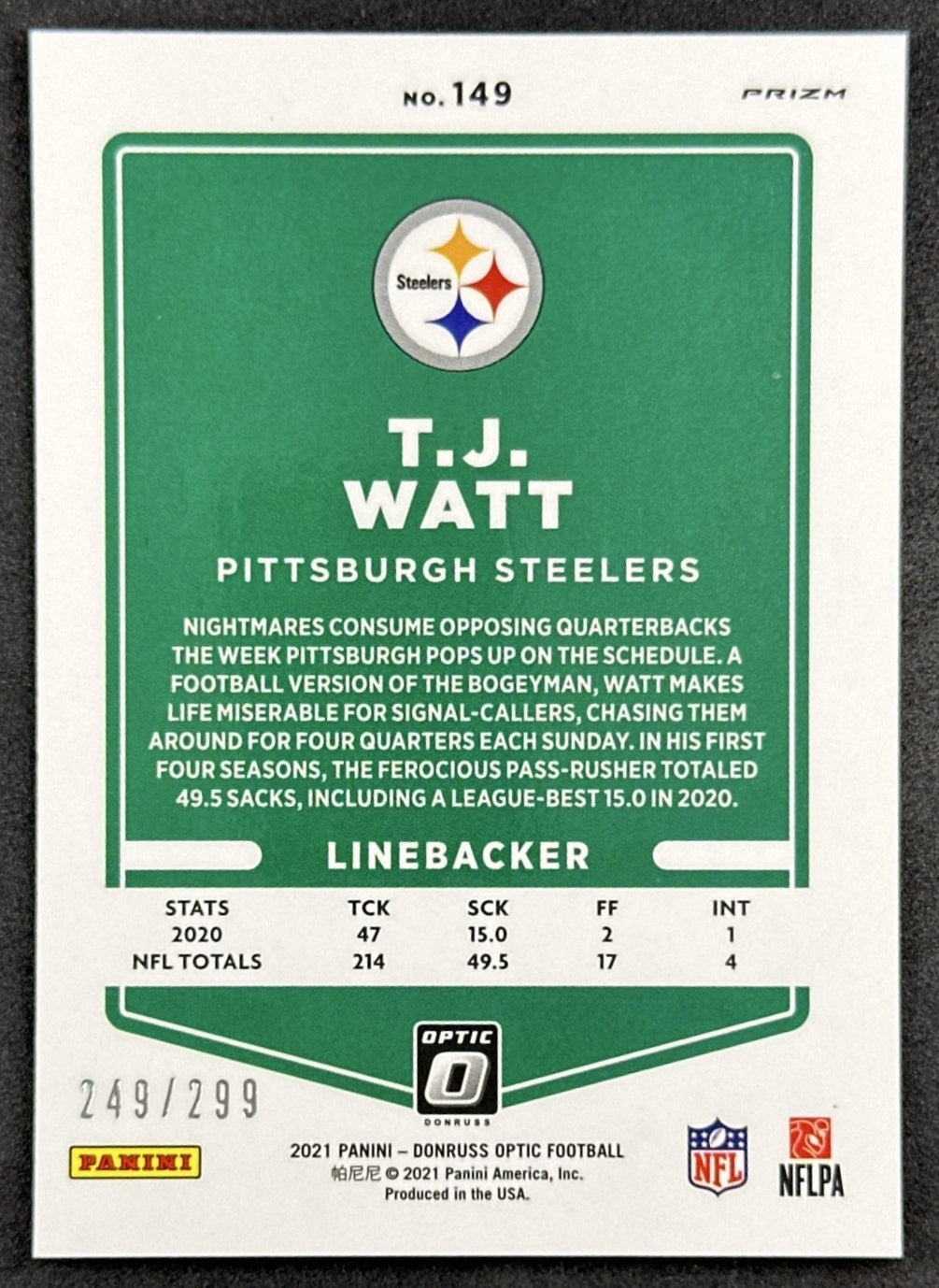 T.J. Watt 2021 Panini Donruss Optic Wave /299 Steelers back