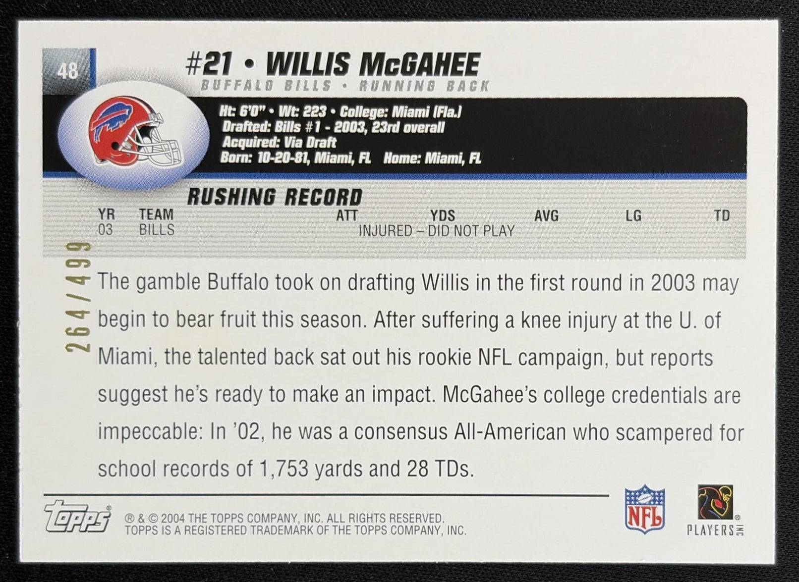 Willis McGahee 2004 Topps Gold /499 Bills back