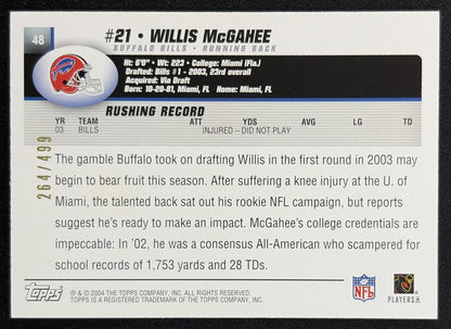 Willis McGahee 2004 Topps Gold /499 Bills back
