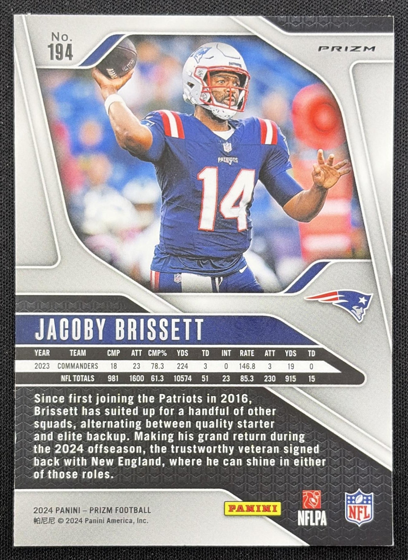 Jacoby Brissett 2024 Panini Prizm Green Wave Patriots back