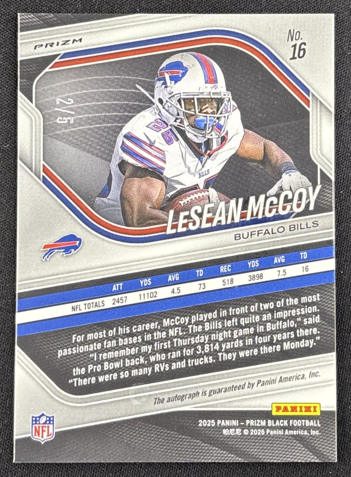 *Damaged* LeSean McCoy 2025 Panini Prizm Black Auto Gold Vinyl FOTL /5 Bills