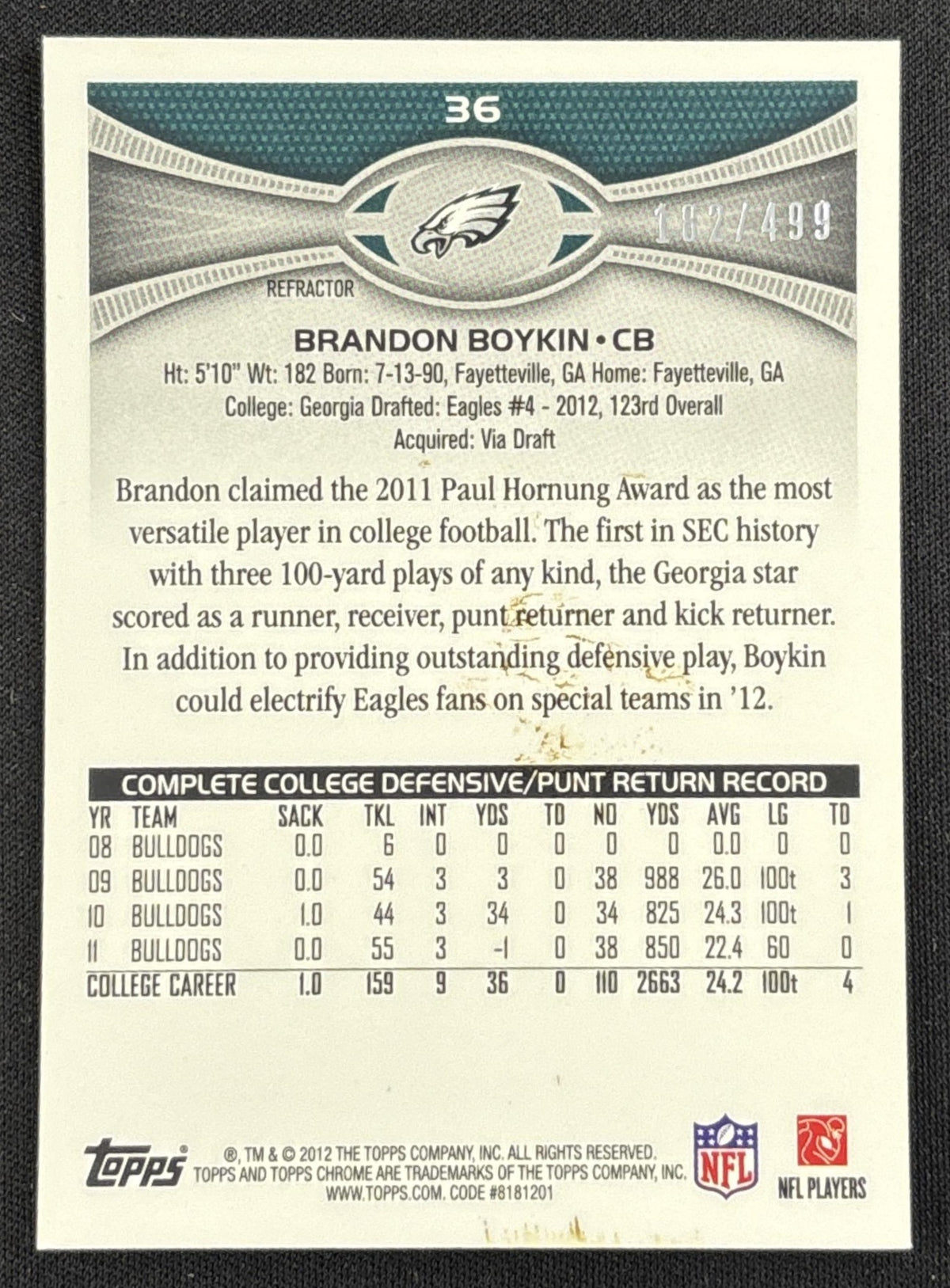 Brandon Boykin 2012 Topps Chrome Camo Refractor /499 Eagles