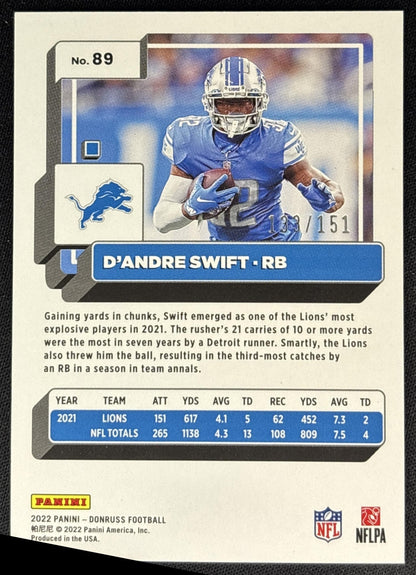 D Andre Swift 2022 Panini Donruss Season Stat Line /151 Lions