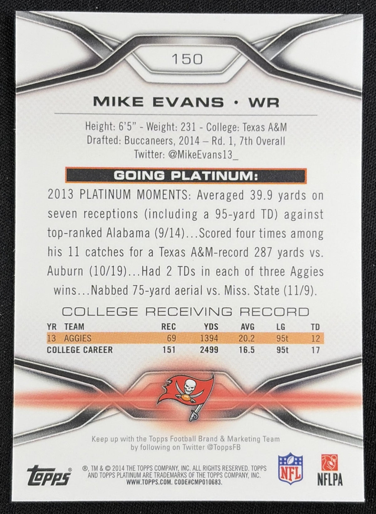 Mike Evans 2014 Topps Platinum Xfractors Buccaneers Sports Trading Card