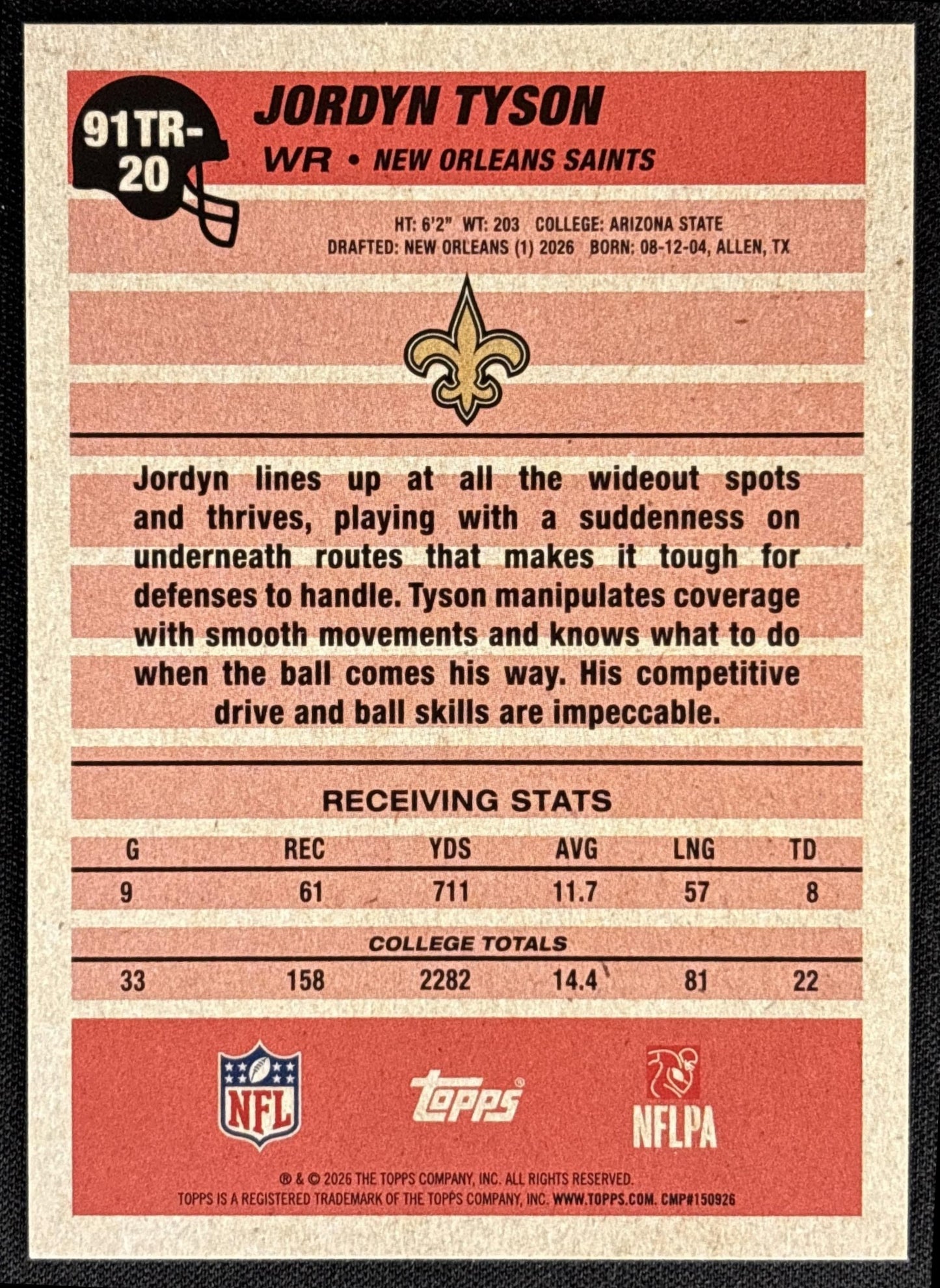 Jordyn Tyson 2026 Topps 1991 Rookie Crackle Foil Saints