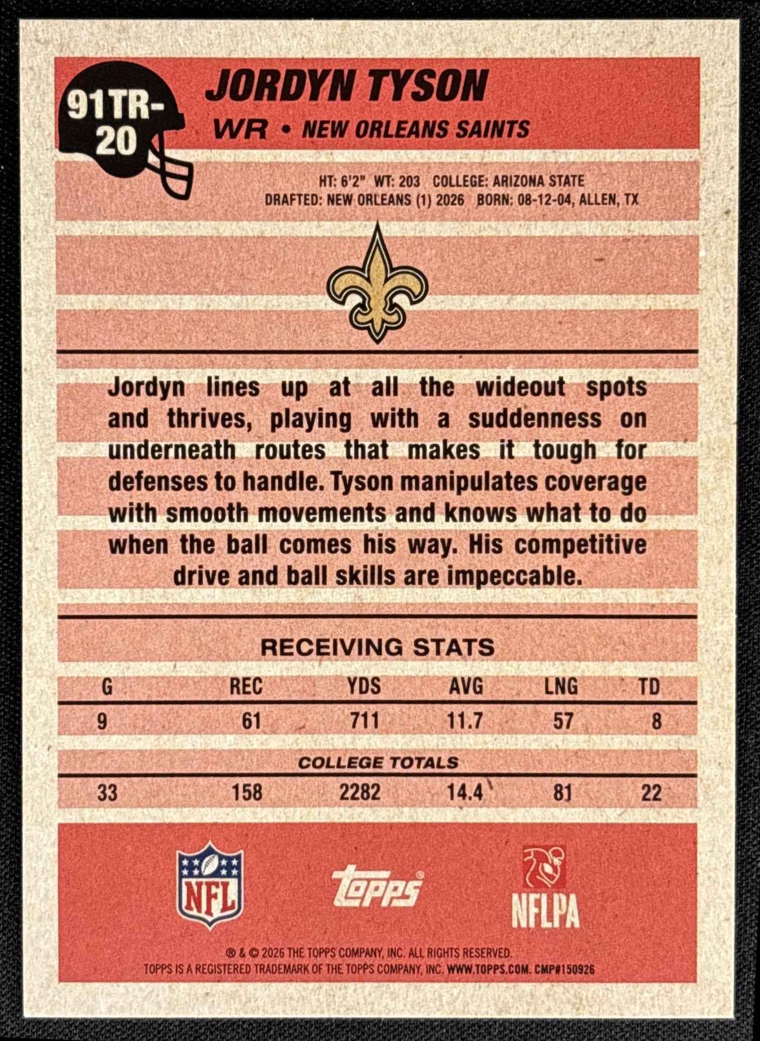 Jordyn Tyson 2026 Topps 1991 Rookie Crackle Foil Saints