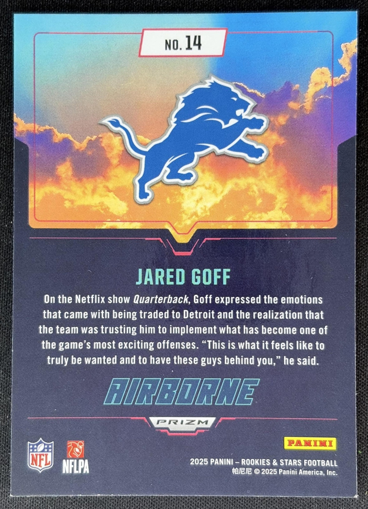 Jared Goff 2025 Panini Rookies & Stars Airborne Red Plaid Lions back