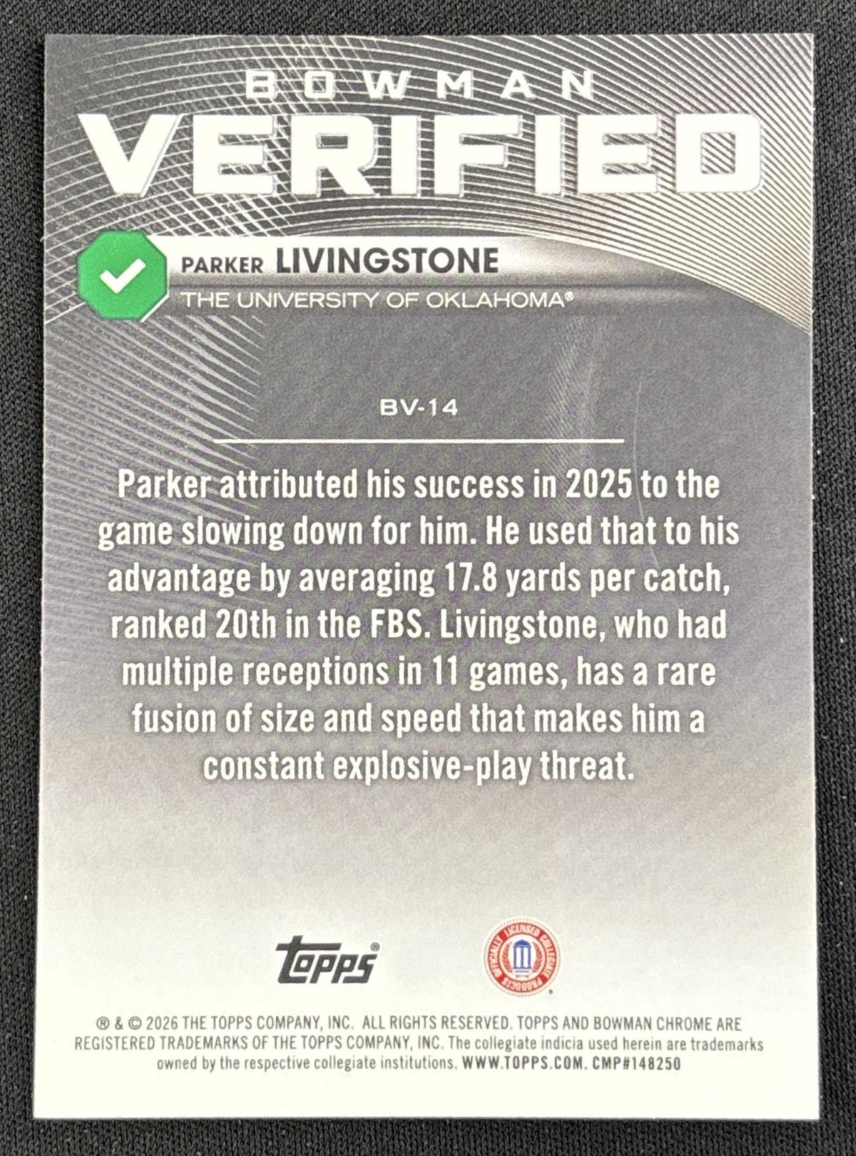 Parker Livingstone 2026 Bowman Verified Chrome Sooners