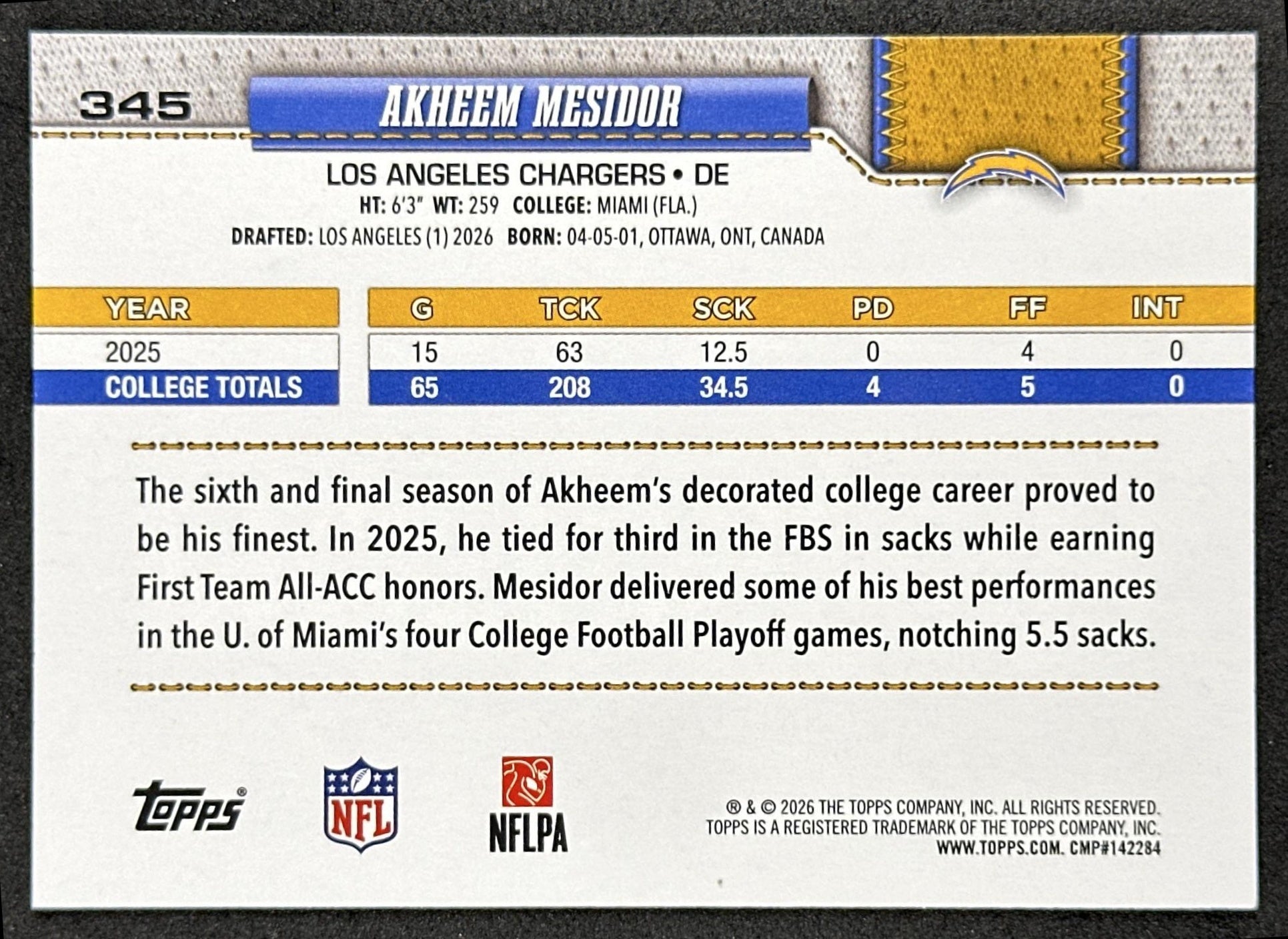 Akheem Mesidor 2026 Topps Flagship Rookie Chargers Sports Trading Cards