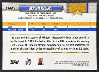 Akheem Mesidor 2026 Topps Flagship Rookie Chargers Sports Trading Cards