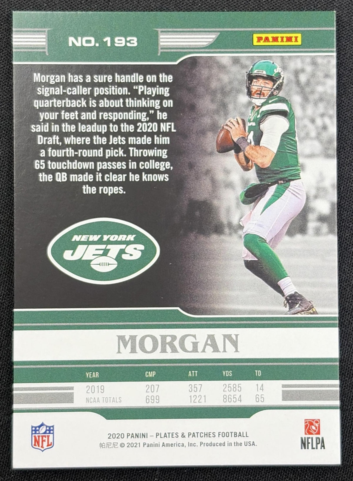 James Morgan 2020 Panini Plates & Patches Orange /75 Jets back