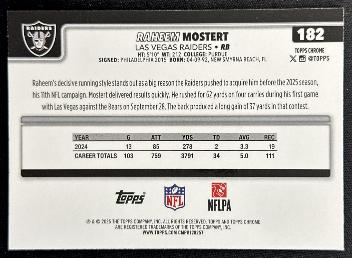 Raheem Mostert 2025 Topps Chrome Green Wave Refractor /99 Raiders