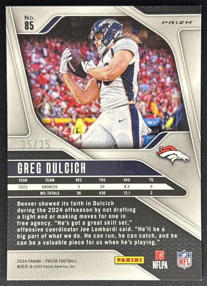 Greg Dulcich 2024 Panini Prizm Red Shimmer /35 Broncos Sports Trading Cards