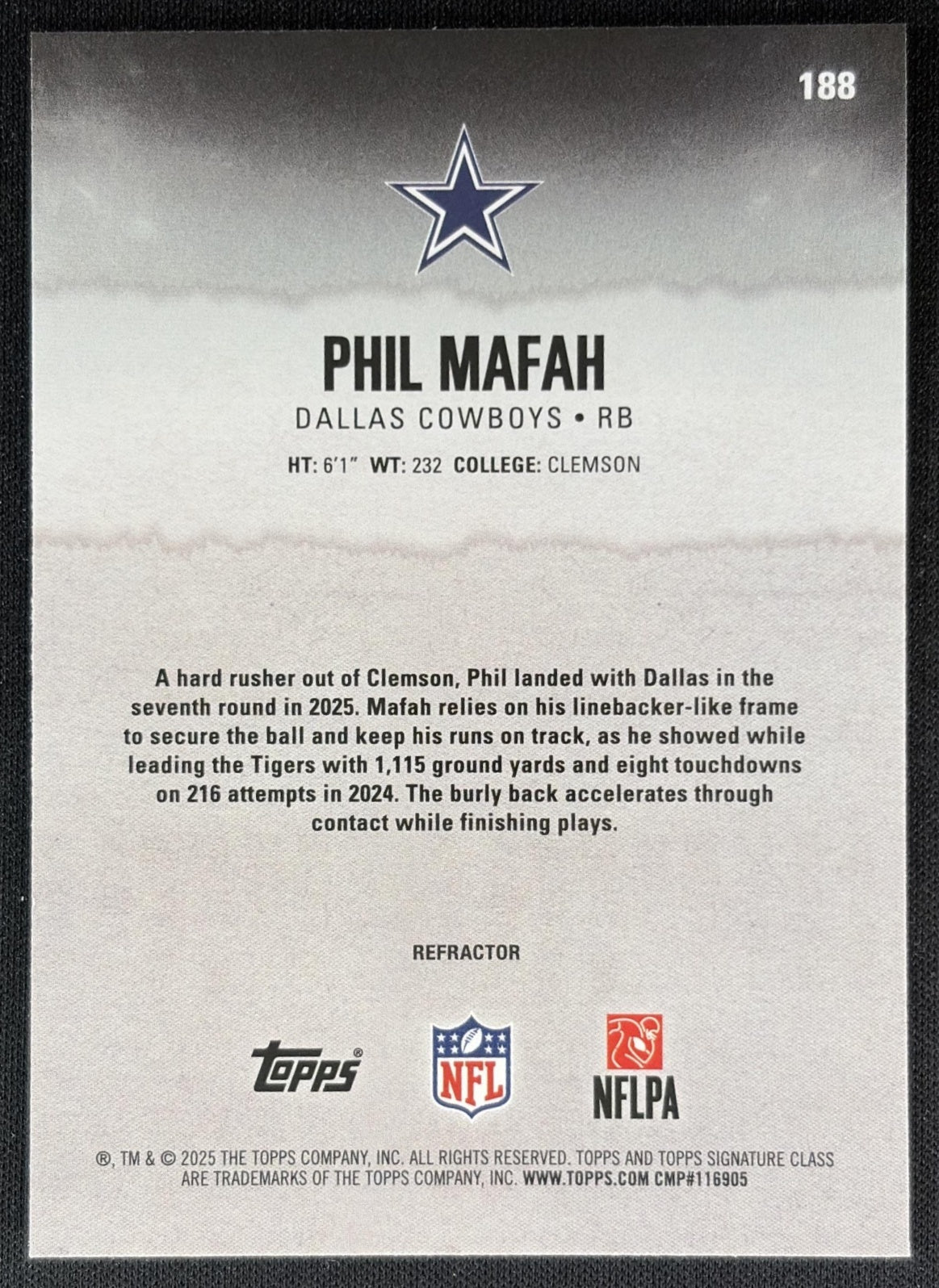 Phil Mafah 2025 Topps Signature Class Chrome Rookie White Refractor Cowboys back