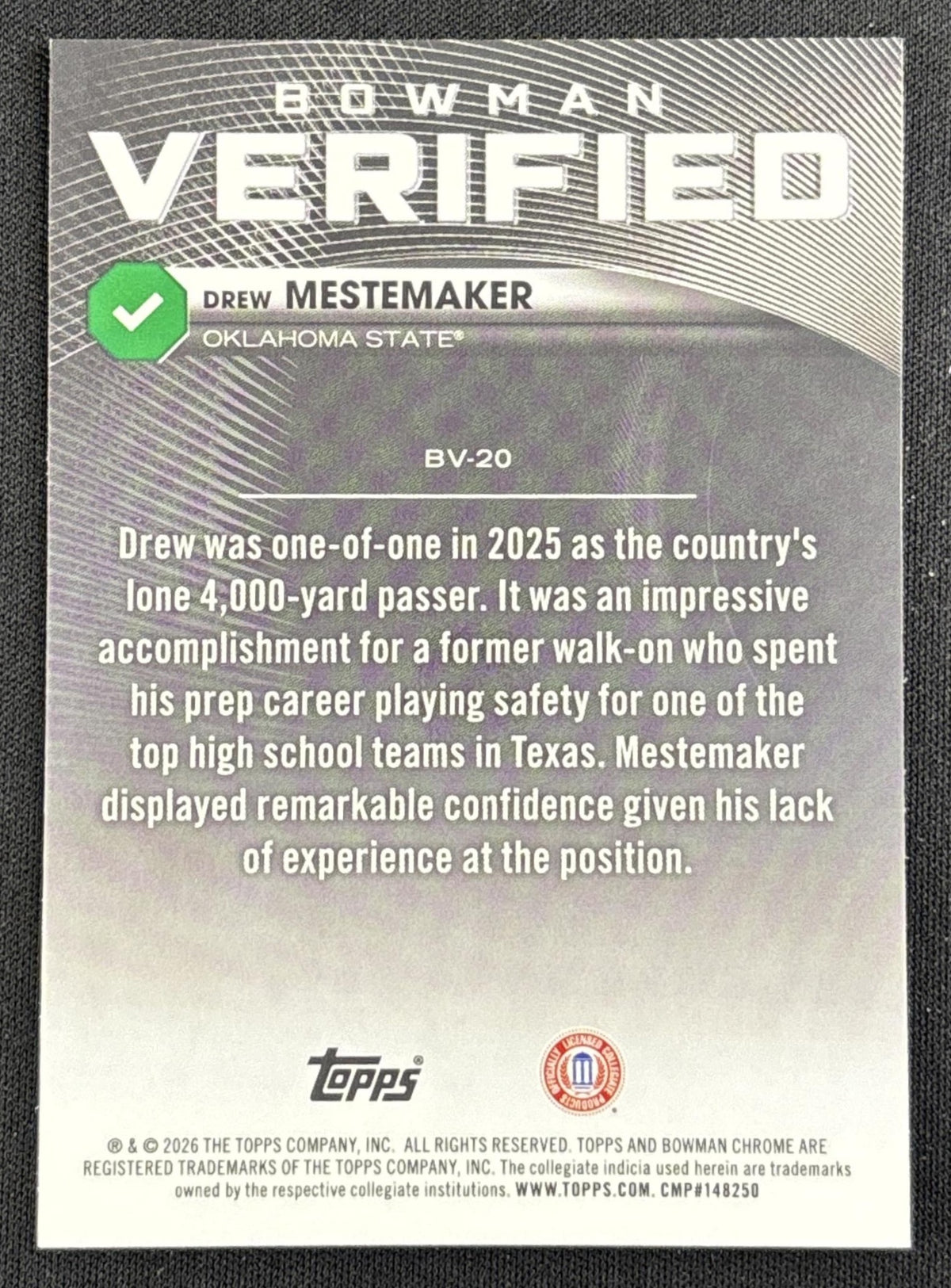 Drew Mestemaker 2026 Bowman Verified Chrome Cowboys