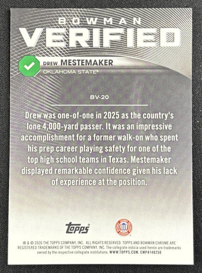 Drew Mestemaker 2026 Bowman Verified Chrome Cowboys