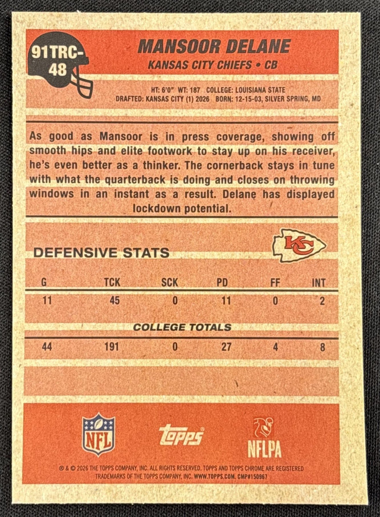 Mansoor Delane 2026 Topps 1991 Chrome Rookie Mojo Refractor Chiefs