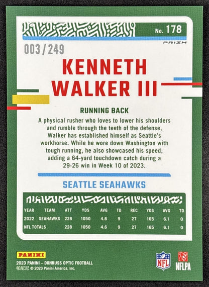 Kenneth Walker III 2023 Panini Donruss Optic Orange Prizm /249 Seahawks back