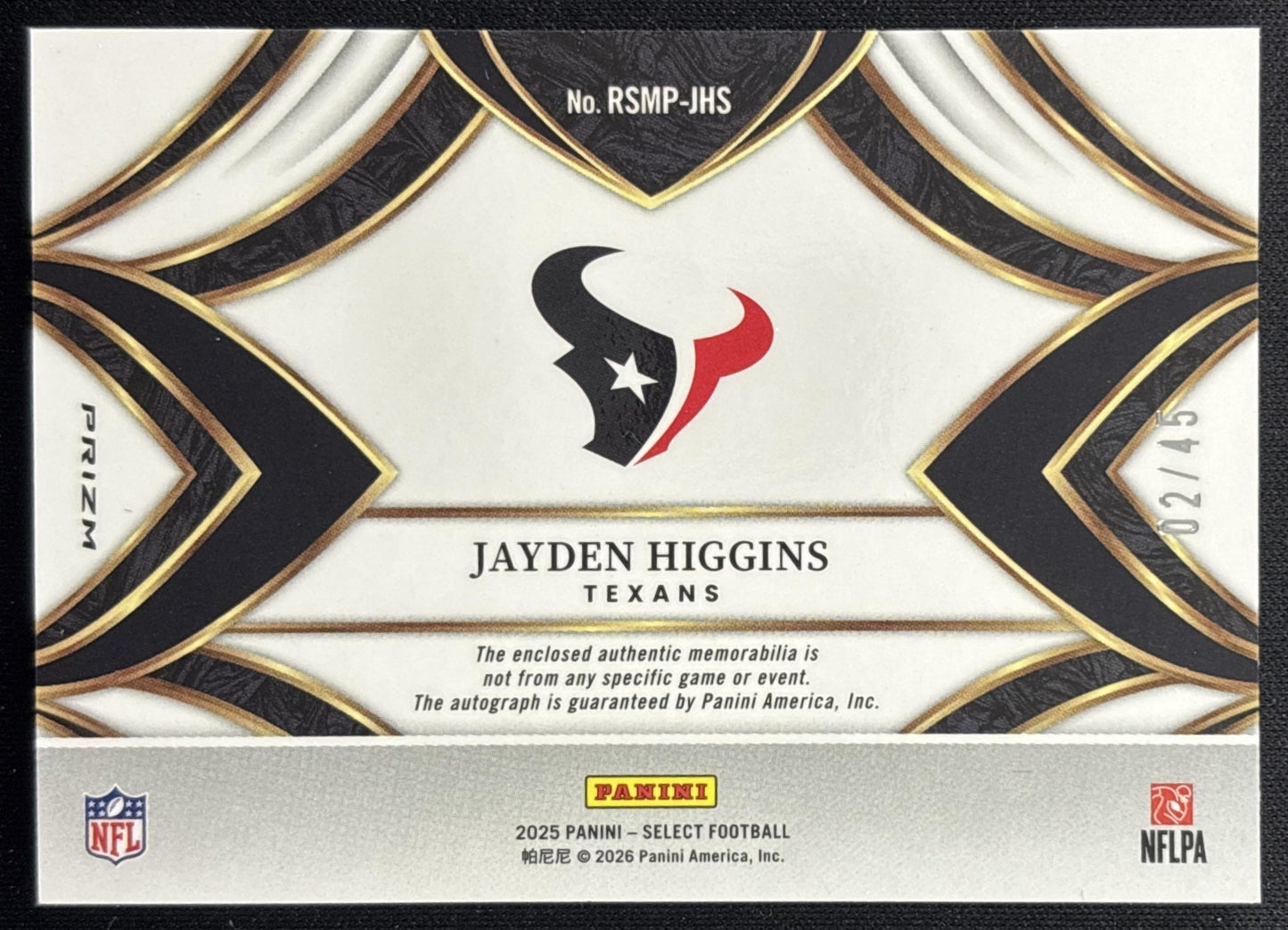 Jayden Higgins 2025 Select Rookie Signature Memorabilia Disco Prizm /45 Texans back
