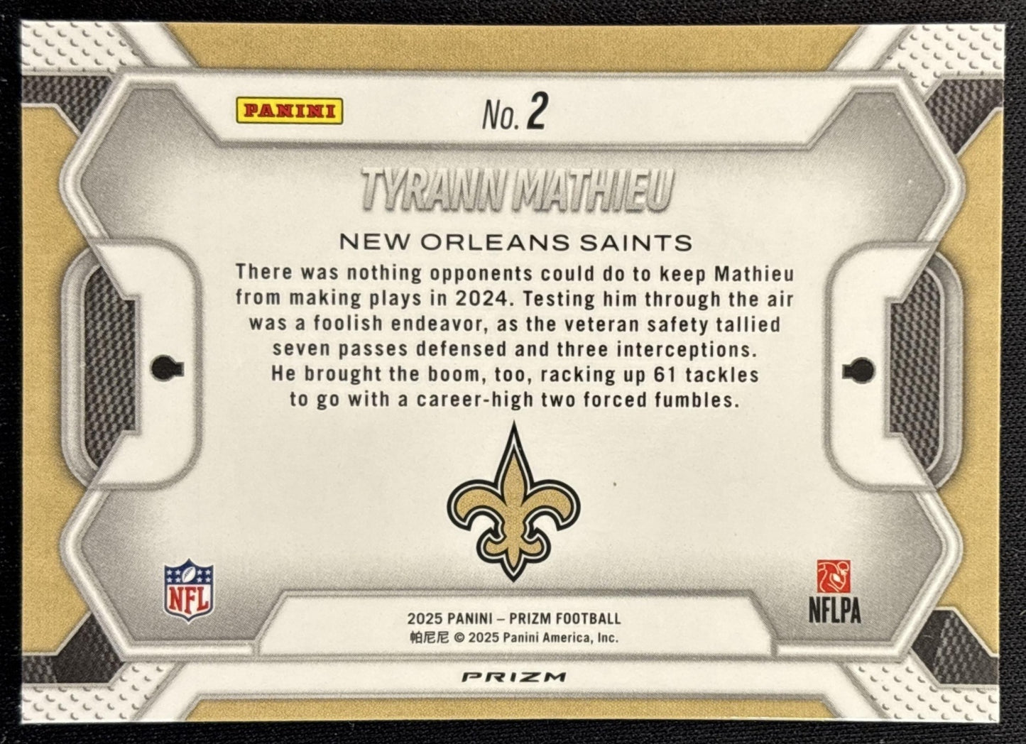 Tyrann Mathieu 2025 Panini Prizm Lockdown Silver Saints back