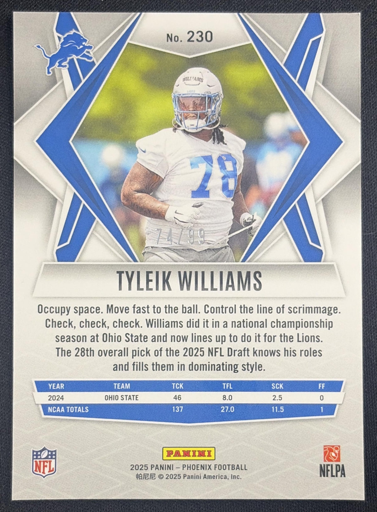 Tyleik Williams 2025 Panini Phoenix Red Seismic Prizm /99 Lions