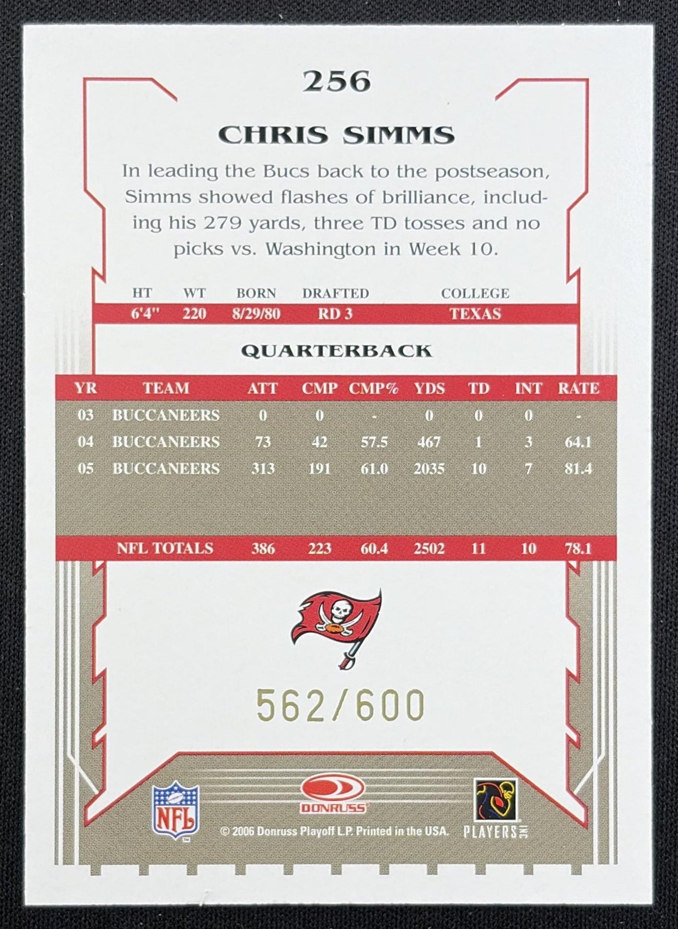 Chris Simms 2006 Score Gold /600 Buccaneers