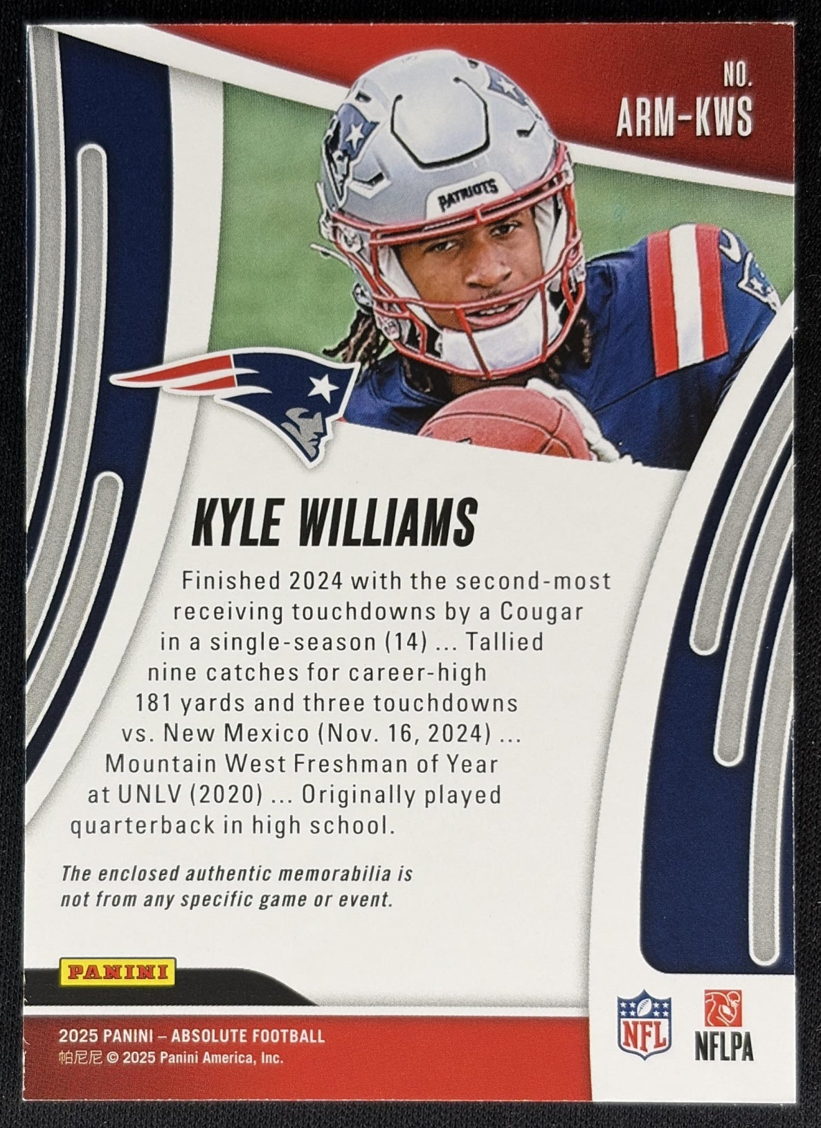 Kyle Williams 2025 Panini Absolute Rookie Materials Patriots back