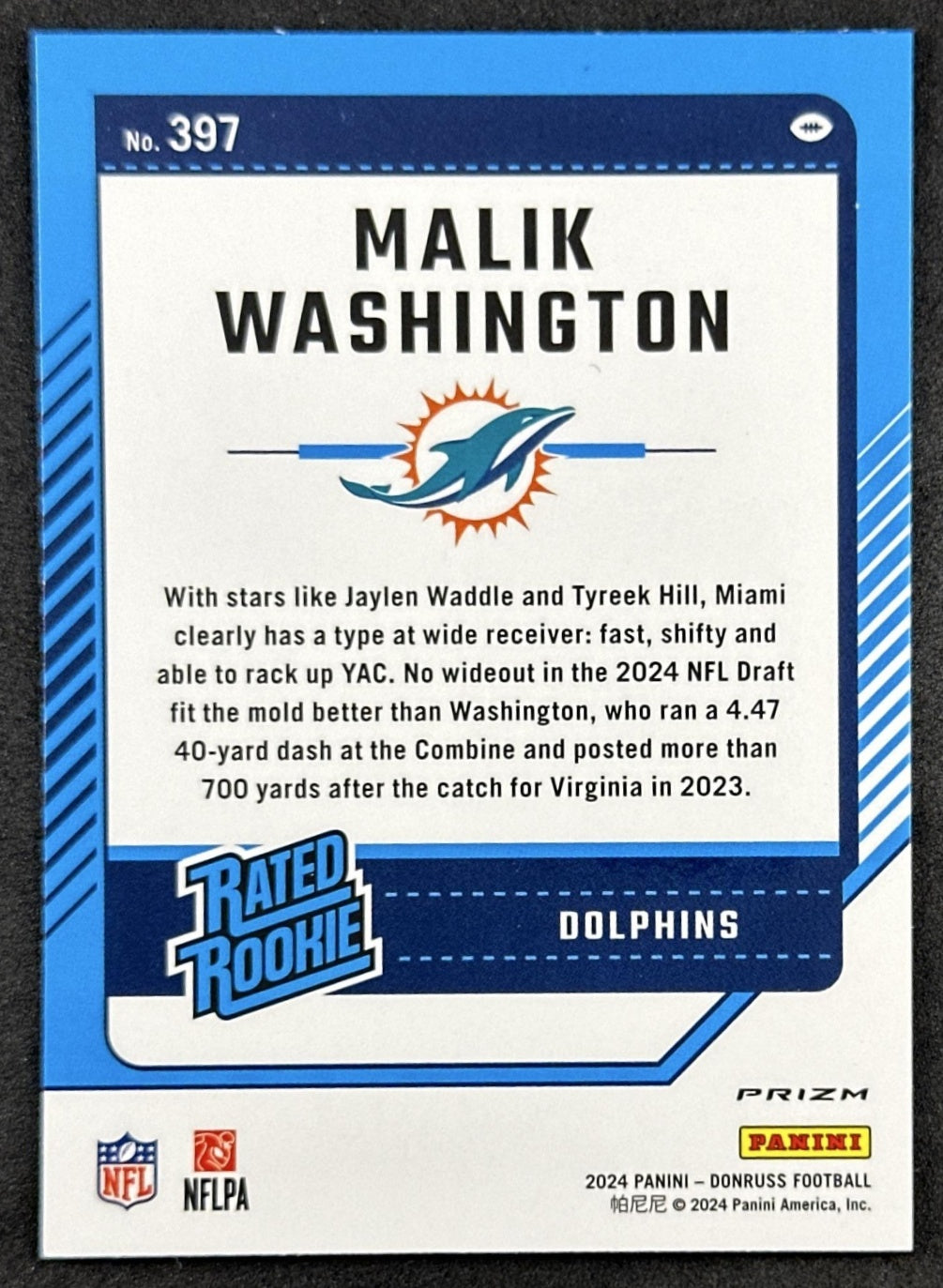 Malik Washington 2024 Donruss Optic Rated Rookie Preview Red Wave Dolphins Back