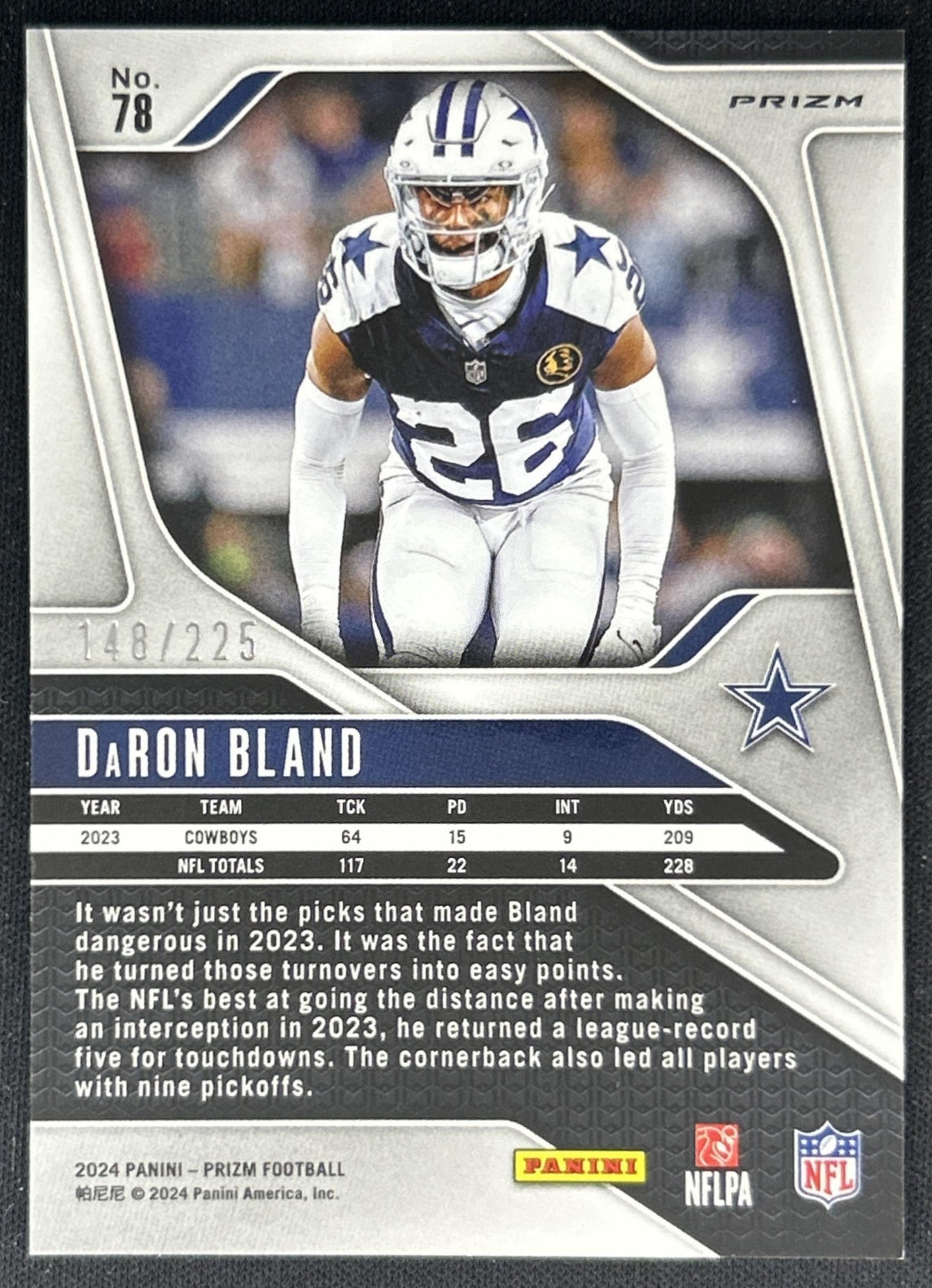 DaRon Bland 2024 Panini Prizm Purple Ice /225 Cowboys back