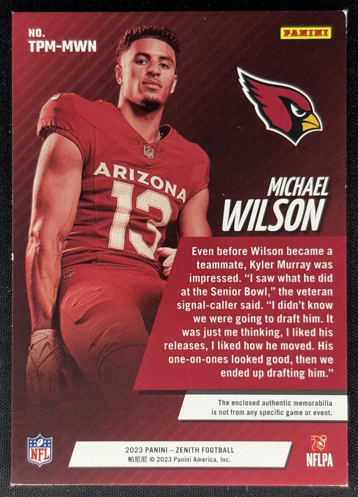 Michael Wilson 2023 Panini Zenith Turning Pro Memorabilia Prime /50 Cardinals back