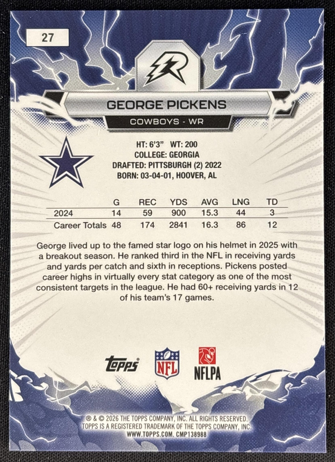 George Pickens 2025 Topps Resurgence Cowboys Dallas Cowboys back