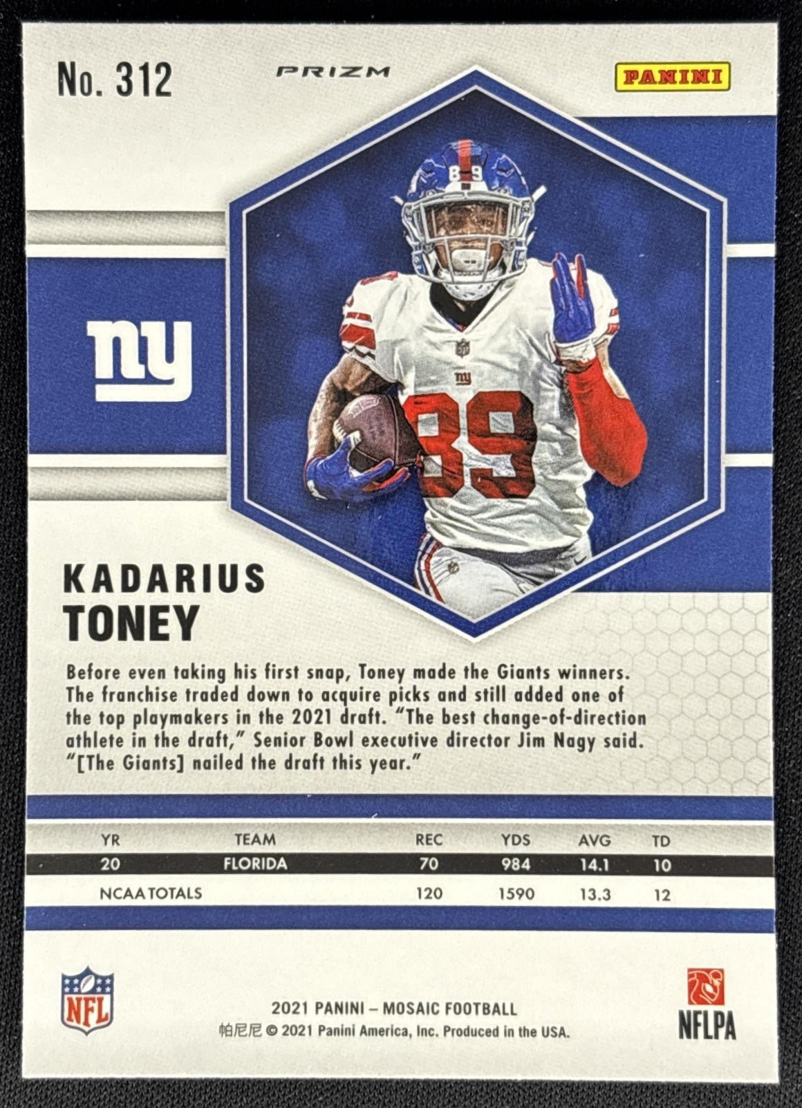 Kadarius Toney 2021 Panini Mosaic Prizm Reactive Orange Giants back