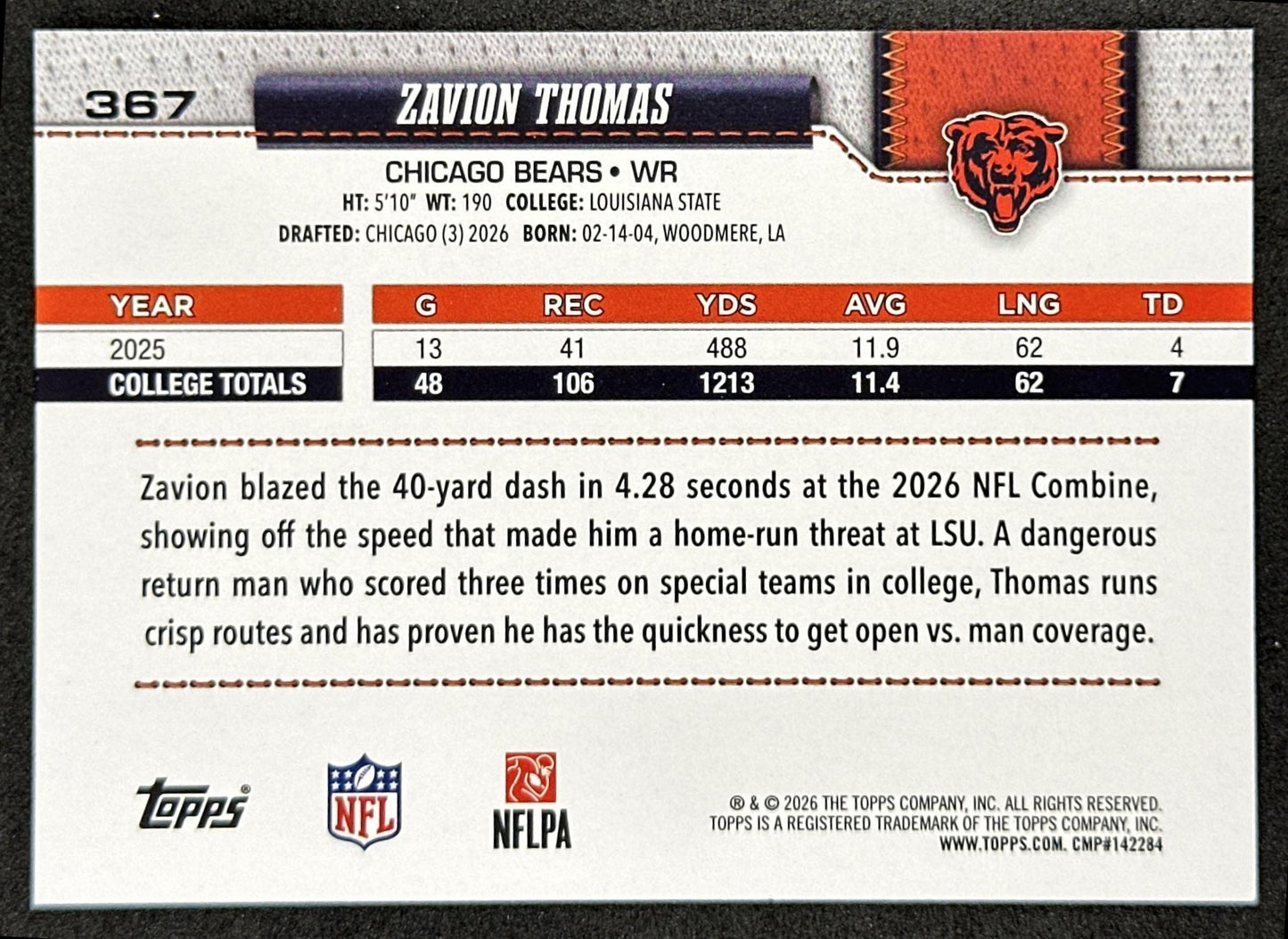 Zavion Thomas 2026 Topps Flagship Rookie Bears Sports Trading Cards