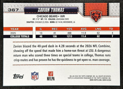 Zavion Thomas 2026 Topps Flagship Rookie Bears Sports Trading Cards
