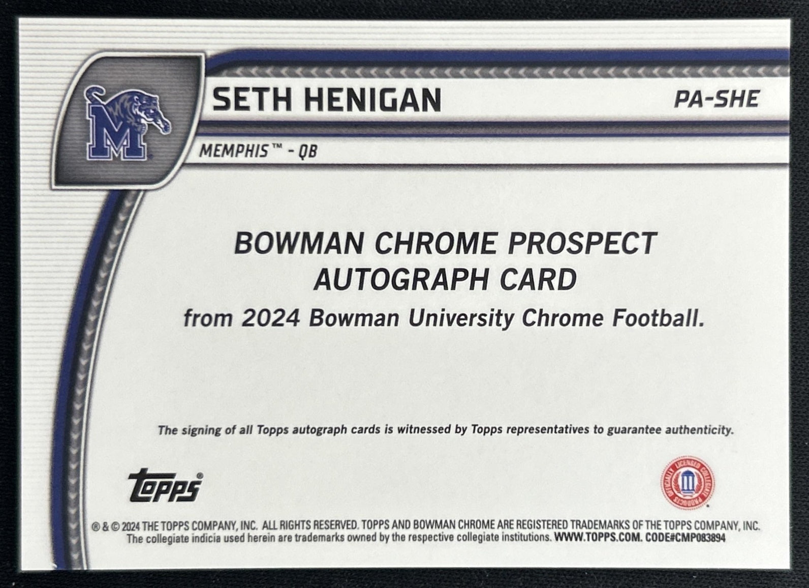 Seth Henigan 2024 Bowman Chrome University Prospect Auto back